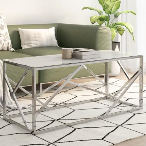 LoogCape Couchtisch Silbern Edelstahl, Hartglas in Marmor-Optik, 110x45x45 cm, Wohnzimmertisch Modern, Beistelltisch für Wohnzimmer, Robuster Sofatisch