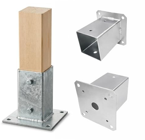 Alma Manufacturer Pfostenträger - 120 x 120 mm - Aufschraubhülse - Balkenschuh zum Aufschrauben - Feuerverzinkt Silber