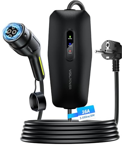 Cavo Ricarica Auto Elettrica Tipo 2 Schuko 3,68kW 16A 8m Colonnina Ricarica Auto Elettrica Wallbox Portatile IP65 IEC 62196-2 Compatibile Model 3/Y Zoe Spring