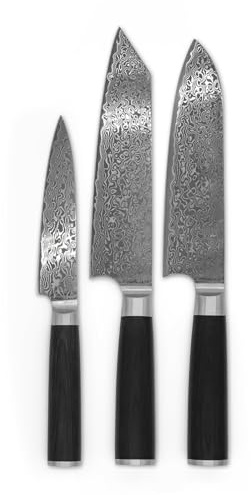 FIVI Damastmesser Set 3-teilig AKIRA, YUNO, SANJI | Profi Küchenmesser Set aus VG10 Damaszenerstahl (60 HRC) mit Pakkaholz Griff | Santoku, Kiritsuke & Officemesser