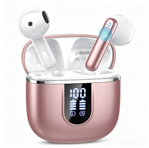 Bluetooth Kopfhörer 5.4, Kopfhörer Kabellos Bluetooth In Ear mit 6 ENC Noise Cancelling Mics, 40Std Stereo Ohrhörer mit LED USB-C, IP7 Wasserdicht Wireless Earbuds für für Fitness Workout, Roségold