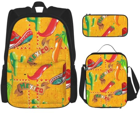 aacxzff 3Pcs School Essentials Cactus Hat and Chili Pepper Print Set for Students:School Bag+Pencil case+Lunch Bag Combination