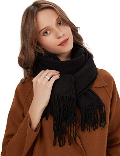 MaaMgic Schal Damen Warm Winter Herbst unifarben Baumwolle mit quasten/fransen, 40+ Farben Einfarbig & Kariert Pashmina xl Stola Schals MEHRWEG,Black Schwarz