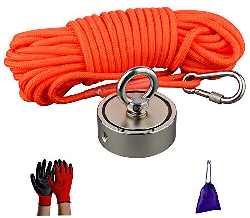 MUTUACTOR Doppelseitiger kombinierter vertikaler magnetischer 600 kg Neodym-Kraftfischermagnet mit Ringschrauben,Magnet mit 15 m robustem Seil, Finden Sie die Kraft des Schatzes im Fluss