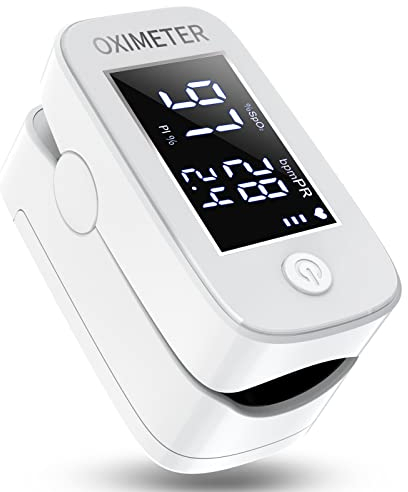 Pulsoximeter, Sauerstoffsättigung Messgerät Finger für Pulsfrequenz, Herzfrequenz und SpO2-Werte, Oximeter mit LED-Bildschirmanzeige, Batterien und Trageband inklusive (Weiß)
