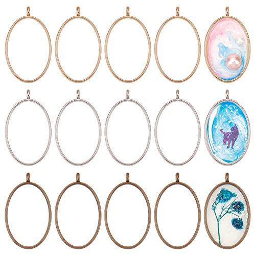OLYCRAFT 30 Stück Open Lünette Frame Anhänger Oval Open Lünette Charms Legierung Rahmen Anhänger Farbbeständige Hohlharzrahmen Mit Schleife Für Harz Schmuckherstellung - Platin/Gold/Antik-Bronze