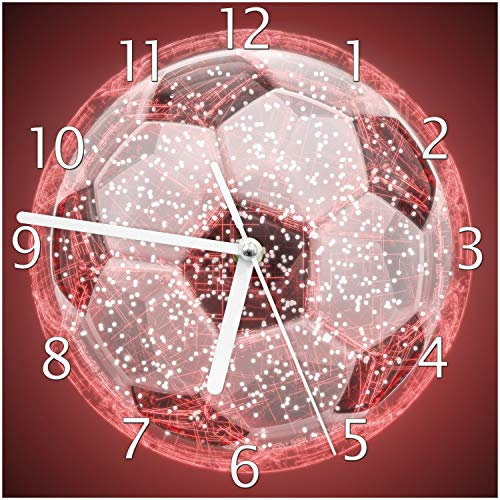 Wallario Design-Wanduhr Fußball digital - Netzwerk in rot aus Glas, Motiv-Uhr Größe 20 x 20 cm, weiße Zeiger