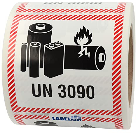 Transportaufkleber - enthält Lithium-Metall-Batterien, UN 3090-100 x 100 mm - 500 Batterie Aufkleber auf 1 Rolle(n), Akku Etiketten