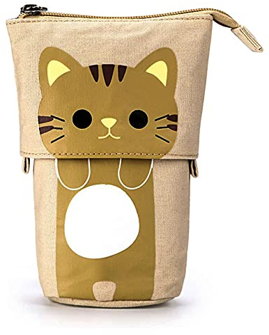 Cartoon Süß Katze Teleskop Bleistift, Katze Stand Federmäppchen, Stehen Bleistifthalter, Grosse Kapazität Federtasche,Für Schulbüro Damen und Mädchen (Gelbliches Braun)