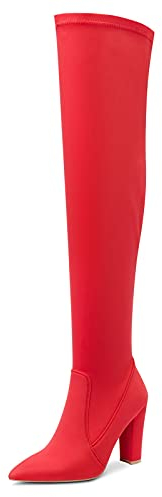 NobleOnly Donna Stivali Sopra il Ginocchio Cerniera Tacco a Blocco 10CM High Heels Boots Rosso Raso Scarpe EU 45