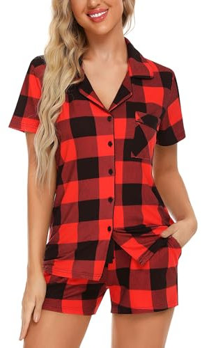 Senert Ensemble pyjama pour femmes à manches courtes vêtements de nuit doux boutonné ensemble pjs vêtements de nuit ensembles de salon S-XXL, Style B avec poches, motif à carreaux rouges et noirs, XXL