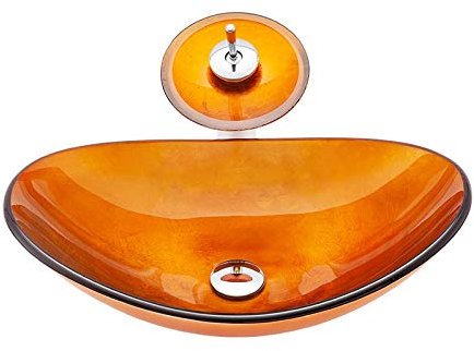 HomeLava Modern Design Gehärtetes Glas Waschbecken Aufsatzwaschbecken Waschschale Handwaschbecken für Gäste WC mit Wasserfall-Wasserhahn, Abfluss und Montagering