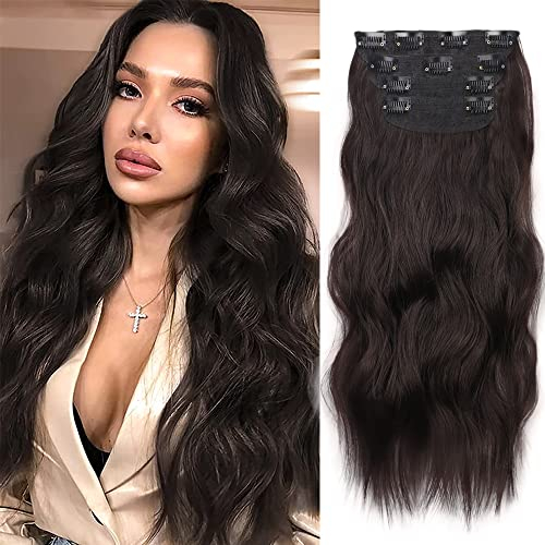 Clip in Extensions 50cm Braun 4 Teiliges Set 200g wie Echthaar Haarverlängerung Haarteile Clip in Extension Lang Locken Synthetisch Haarteile Zopf für Damen 6# 050B