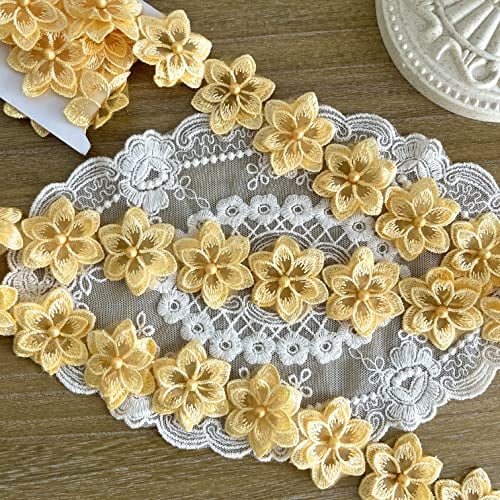 Zarte gelbe 3D Blumen,Spitzenbesatz, exquisite bestickte Applikation für DIY Nähen Handwerk, Hochzeits-Brautkleid-Verzierung (2yards, Breite 40 mm)