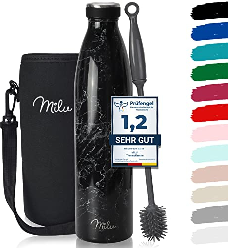 Milu Edelstahl Trinkflasche 350ml 500ml 750ml 1L 1,5L Thermosflasche Isolierte Wasserflasche Auslaufsichere Isolierflasche doppelwandig Kohlensäure geeignet – inkl. Reinigungsbürste (Granit, 1L)