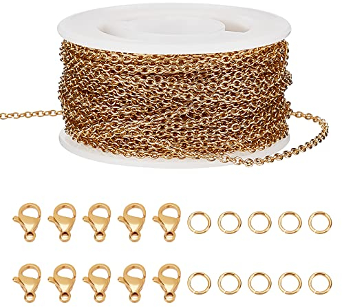 Beebeecraft 10M Halskettenketten 18K Vergoldet Schmuckherstellungsketten für Halsketten Ohrringe Armbänder Schmuckherstellungszubehör Metallkettenhalskette mit Karabinerverschlüssen und Biegeringen