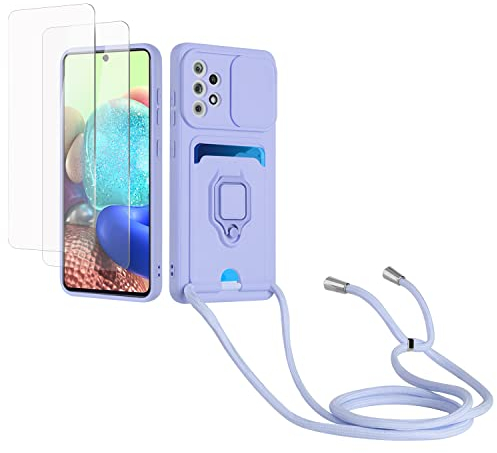 Kaslly Case für Samsung Galaxy A52 4G/5G/A52S 5G Handykette Hülle+[2 Schutzfolie Glas],Slide kameraschutz,Silikon Handyhülle zum Umhängen Kette,Kartenfach-Violett