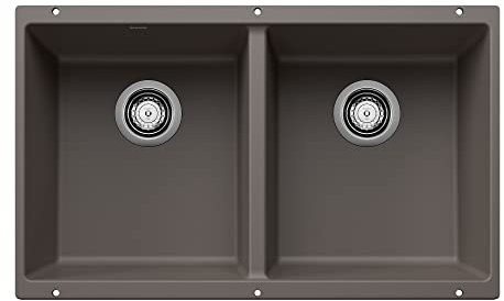 BLANCO 527410 Precis Silgranit - Fregadero de cocina de doble tazón 50/50, 29.7 pulgadas de largo x 18.1 pulgadas de ancho, gris volcán