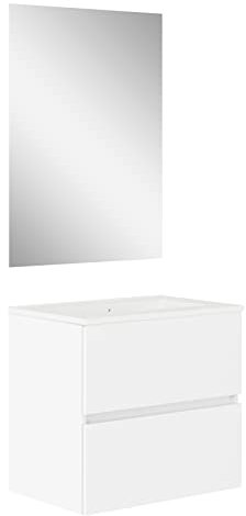 Baikal, Conjunto de baño Natura. Mueble de Baño de Fondo Reducido, con Lavabo cerámico. Distribución Dos Cajones. Mueble MONTADO. Dos Cajones con Espejo. Fondo 39cm 50 cm Blanco