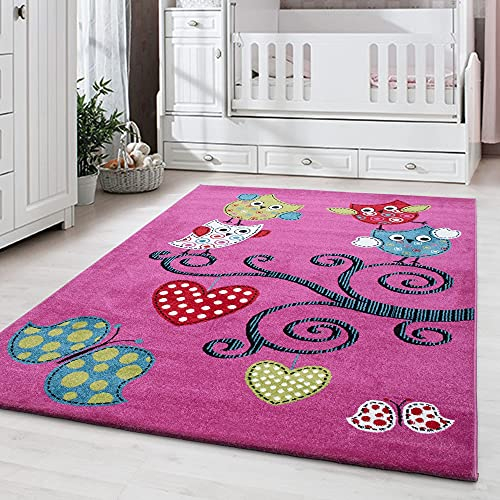 Carpetsale24 Kinderteppich Eule Violett 140x200 cm – Großer Teppich fürs Kinderzimmer – Sanft & Allergikergeeignet – Spielunterlage für Mädchen mit liebevollem Design
