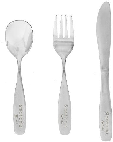 Personalised Cutlery Set. 3 Piece Stainless Steel Set Engraved with a Name. Swirls and Heart Design.