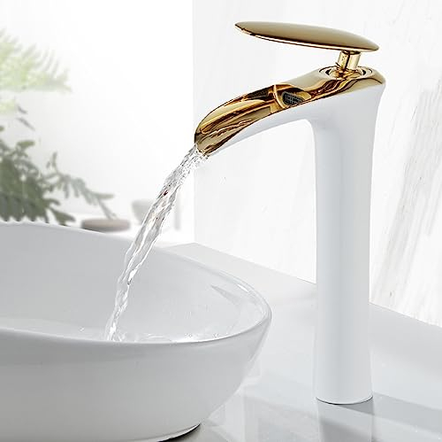 Mitigeur Vasque à Poser Robinet Cascade 1 Trou Mitigeur Haut pour Vasque En Laiton,blanc + Or