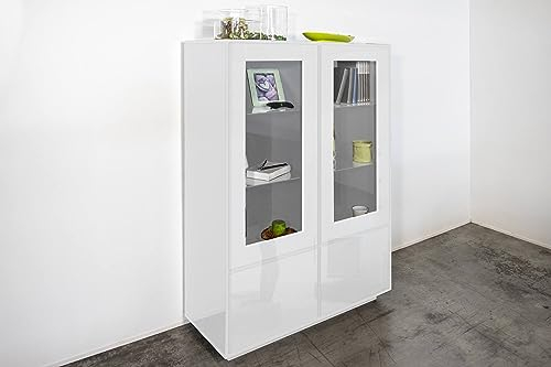Dmora - Vitrine Bettino, Buffet 4 Portes avec étagères en Verre, Meuble de Salon Polyvalent, 100% Made in Italy, 100x41h146 cm, Blanc Brillant