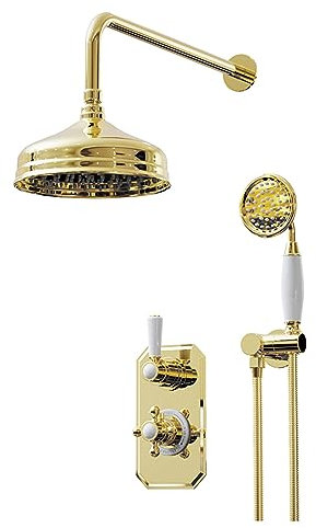 SWHC Colonne de Douche Thermostatique Encastrable Dorée Système de Douche Laiton Ensemble Douche Encastré 2 Fonctions Kit de Douche avec 20cm Douche de Tête, Douchette