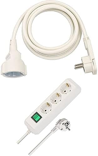 Brennenstuhl Qualitäts-Kunststoff-Verlängerungskabel mit Flachstecker (für innen mit 2m Kabel) + Brennenstuhl Eco-Line Steckdosenleiste 3-Fach (mit erhöhtem Berührungsschutz, Schalter und 1,5m Kabel)
