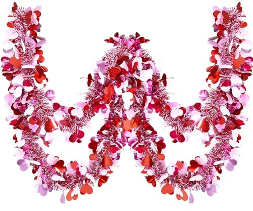SECALIFE 10 Meter Valentinstag Lametta Girlande Metallic Lametta Twist Girlande mit rotem Herz Glänzendes Ornament Baum hängende Girlande Dekoration für Valentinstag Indoor Outdoor Dekorationen (Rot