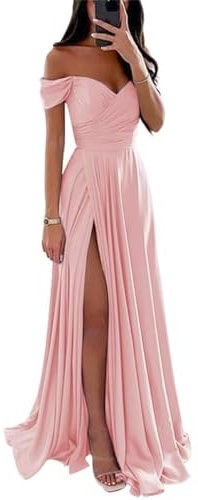 Abiti da damigella d'onore in raso per matrimonio con spalle scoperte scollo a V abiti da festa formale, Rosa Cipria, 48