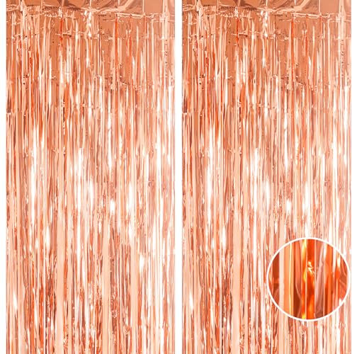 YAAVAAW 2pcs 3.2 x 8.3ft Glitter Rose Gold Foil Fringe Curtain Backdrop Tinsel Curtain Party Streamers Curtain Backdrop Decorations for Birthday School Graduation Hen Girls Party Decorations