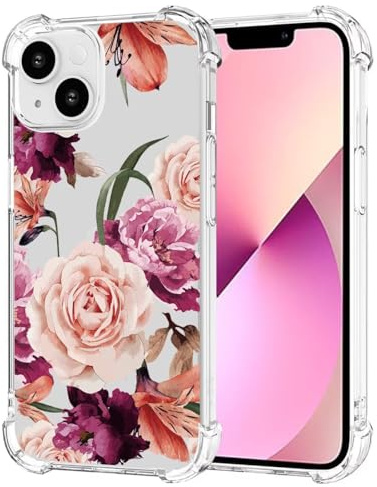 Jhxtech Phone Case for iPhone 13 Mini Case, Apple 13 Mini 5.4 girls women, Slim Shockproof Clear Floral Pattern Soft Flexible TPU Protective Cover for iPhone 13 Mini Purple flower