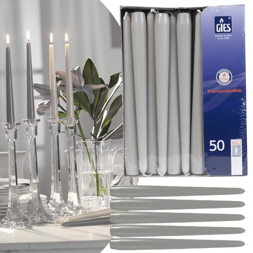 Gies 50er Packung Spitzkerzen Grau 2,35 x 24,5cm | Tafelkerzen Stabkerzen Set | Kerze Brenndauer 7 Stunden - Stearinanteil | Gastronomie