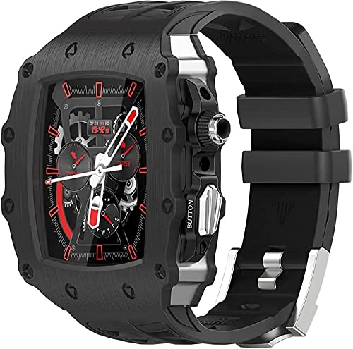 GAFNED Luxuriöses Edelstahl-Uhrengehäuse für Apple Watch 8, 7, 45 mm, 6, 5, 4, SE, 44 mm, Uhrenarmband für Herren, Fluorkautschukband, Stahlschnalle, Gehäuse, 44mm, Achat