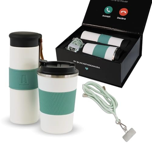 AMARA GIFT - Pack Cadeau: Bouteille Isotherme + Thermos Café + Cordon Telephone Portable. Idée de Cadeau Homme, Femme Original et Cadeau d' Anniversaire