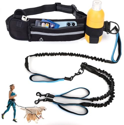 Nobleza Joggingleine für 2 Hunde mit Bauchgurt, Freihändig Laufleine für Hunde, Reflektierend Elastisch Laufleine zum Joggen Laufen Wandern