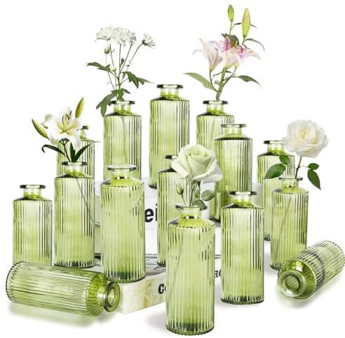 Sawoake Kleine Vasen, 16 Stück Glasvasen für Tischdeko Mini Vasen Glasfläschchen für Zuhause, Hochzeiten, Geburtstage, Feste (Grün Vertical)