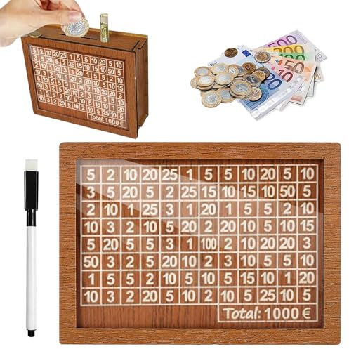 Spardose aus Holz, Wiederverwendbare Spardose, Sparschwein mit Marker, Sparbox mit Zahlen ankreuzen, mit Acrylplatten, für Hilft Erwachsene und Kindern Die Gewohnheit Zum Sparen (1000€)