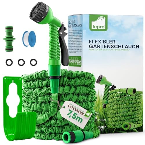 Fepro® Flexibler Gartenschlauch mit 7 Funktion 7,5m basic, Wasserschlauch flexibel mit 3-Fach Latexkern inkl. Adapter für 1/2' 3/4' Zoll und Wandhalterung, dehnbarer flexiSchlauch