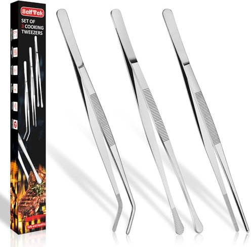 SelfTek 3 Piezas Pinzas de Cocina de Acero Inoxidable, 30 cm Pinzas Precision para Cocinar, Asar, Barbacoa y Manualidades, Pinza de Cocina - Ideal para Cocineros Profesionales y Aficionados