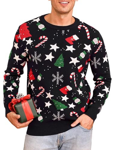 iClosam Men's Christmas Jumpers Long Sleeve Pullover Crew Neck Ugly Funny Novelty Snowman Stars Knitwear Top Dark Black