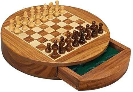MCLIUJIA Schachbrett Schach Magnetisches Schachspiel Schachspiel Aus Holz Schachbrett In Runder Form Mit Eingebauten Aufbewahrungsschubladen Schachbrettspiel-Set Schachspiel Set(18.5x18.5x3cm)