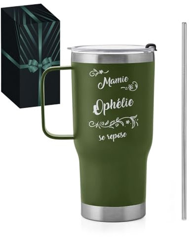 Maverton Mug Isotherme Cafe 600 ml - Gobelet avec paille et couvercle Vert en Acier Inoxydable - Garde Chaud 6h / Froid 10h - Cadeau Personnalisé pour Grand-Mère - Cadeau Mamie