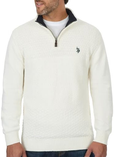 U.S. POLO ASSN. Men's Cable Knit Quarter Zip Textured Ribbed and Collared Pullover Sweater - Classic Solid Color, Vanilla Prep, Medium