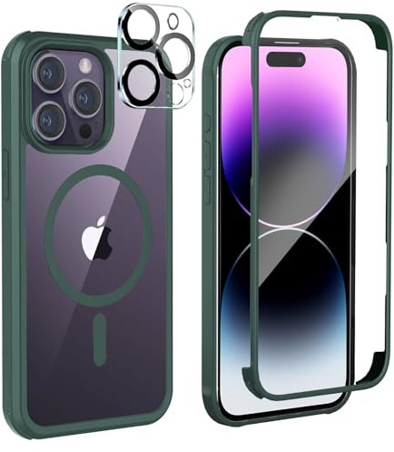 Leedia Kompatibel mit Magsafe iPhone 14 Pro Hülle 360 Grad Schutz Grün | Ganzkörper Schutzhülle mit Eingebauter Panzerglas Displayschutz Stoßfest Case Handyhülle für iPhone 14 Pro 6.1