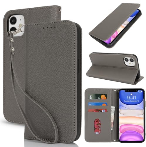 Lipvina Coque pour iPhone 11 en Cuir Portefeuille avec Porte Carte et Rabat Clapet - Etui Antichoc Magnétique pour Protection Complète de Votre iPhone 11,Gris