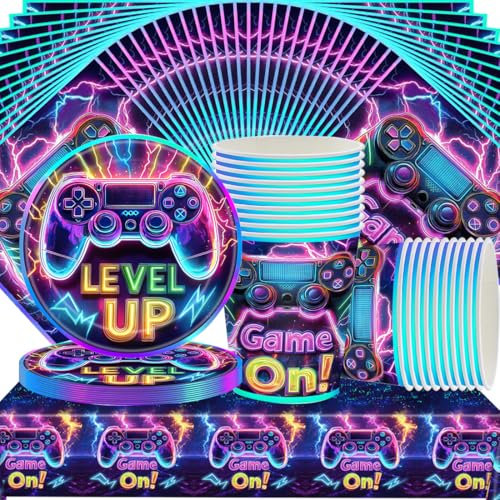 Doyomtoy Game Handle Lot de 61 décorations de fête d'anniversaire avec tasses, assiettes, serviettes et nappes pour 20 invités