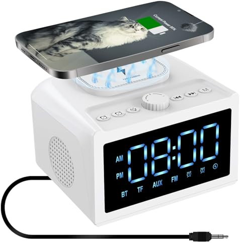 CofunKool Bedside FM Radio Alarm Clock Bluetooth Speaker with 15W Fast Wireless Charging, 10W Loud Stereo, TF Card/USB Flash Drive/AUX Input, 6 Sleep Noise Sound, Dimmable, Stepless Volume, White