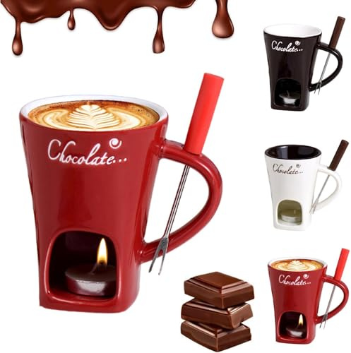 Tea Light Chocolate Fondue Mug, Personal Fondue Mugs, Ceramic Chocolate Melting Mugs, Ceramic Fondue Warmer for Chocolate, Cheese, Candy, Chocolate Melter Cup with Forks and Tealights (200 Ml)